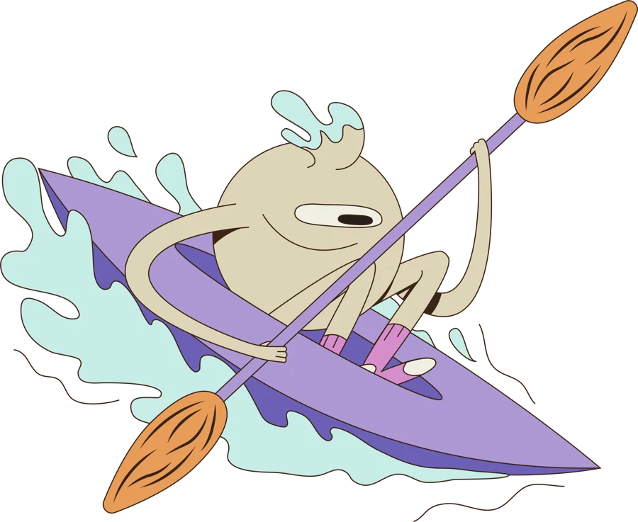 An almond character paddling a kayak