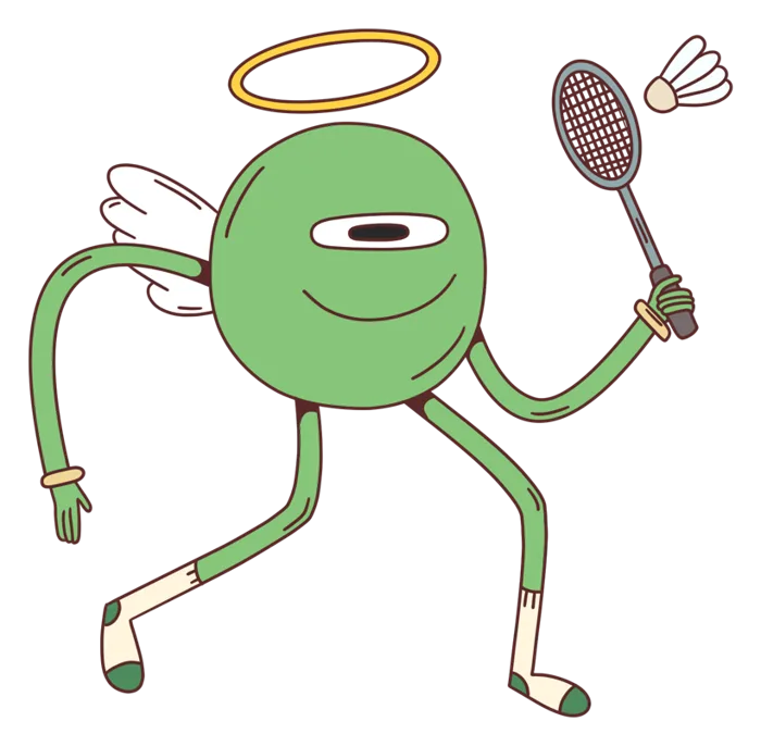 A green angel character with a badminton racket